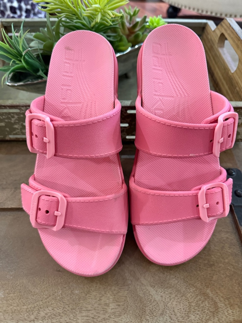 Dansk Coral Pink Double-Buckle Slide Sandals